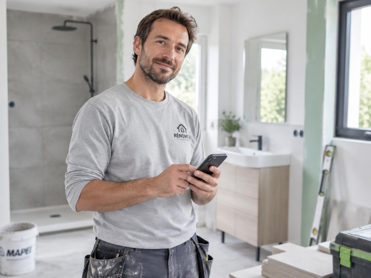 Artisan sur un chantier de salle de bain utilisant ChantierOK sur son téléphone